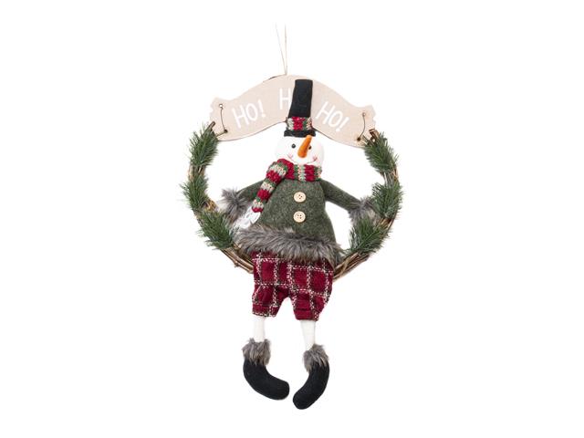 18" RATTAN WREATH WITH SITTING SNOWMAN (HO HO HO)